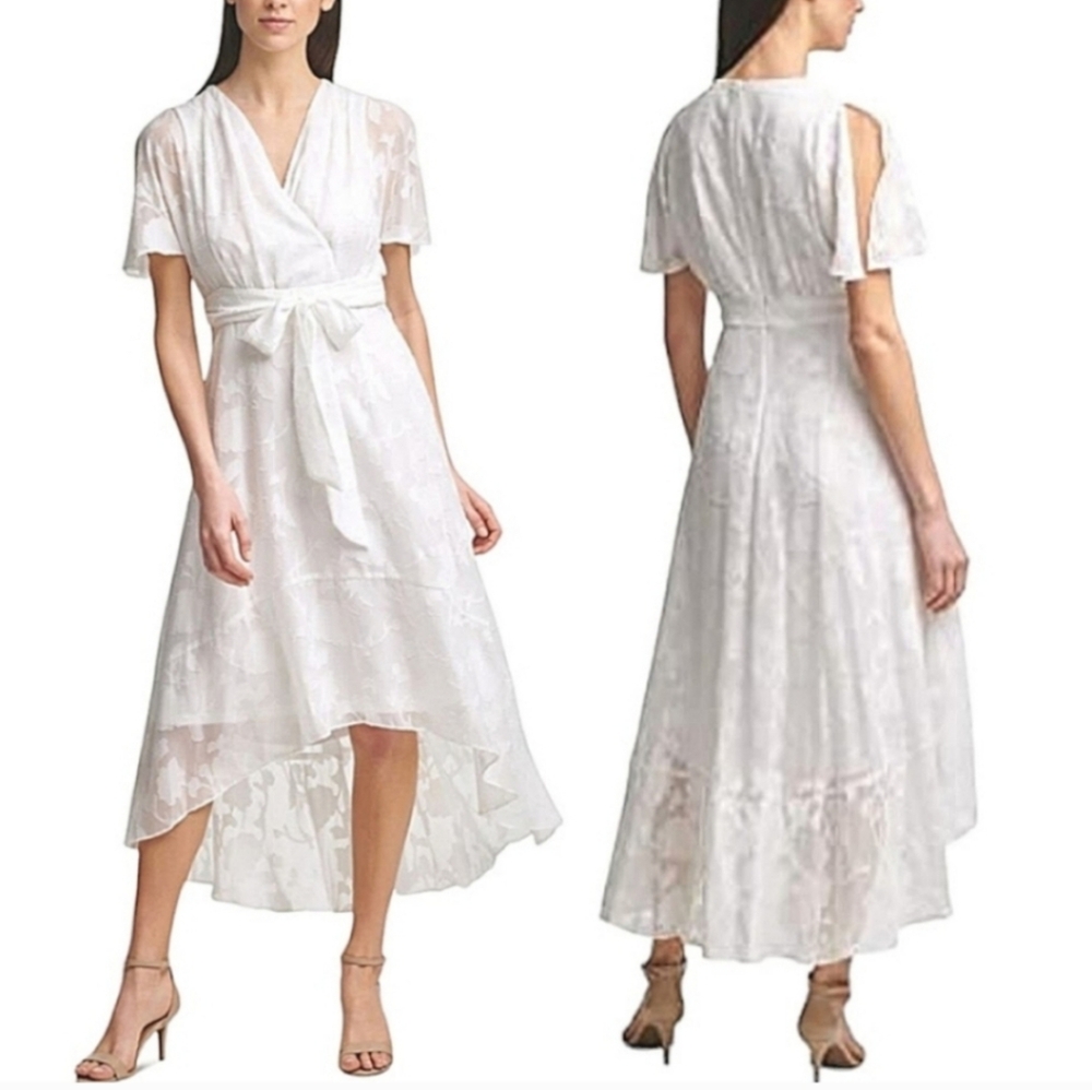 Jessica Howard Woman | White Surplice High Low Floral Layered Midi Dress Size 16